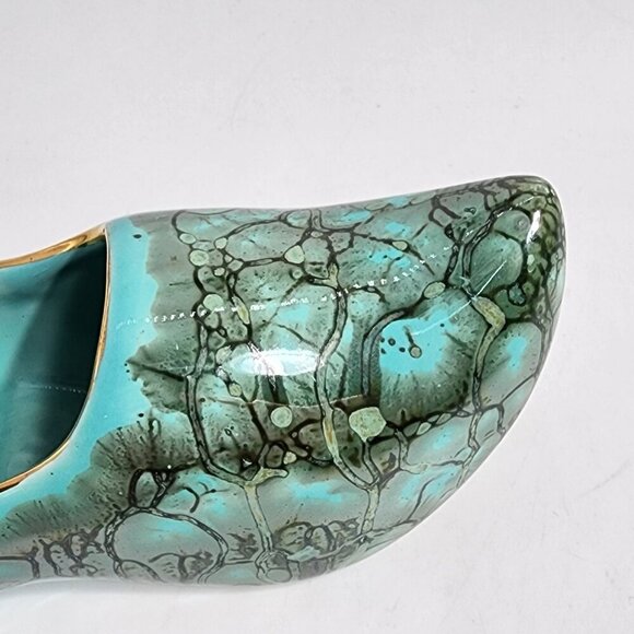 Vintage Dutch Ceramic Clog Shoe Turquoise and Gold Hand Painted Made in Holland - Picture 8 of 8